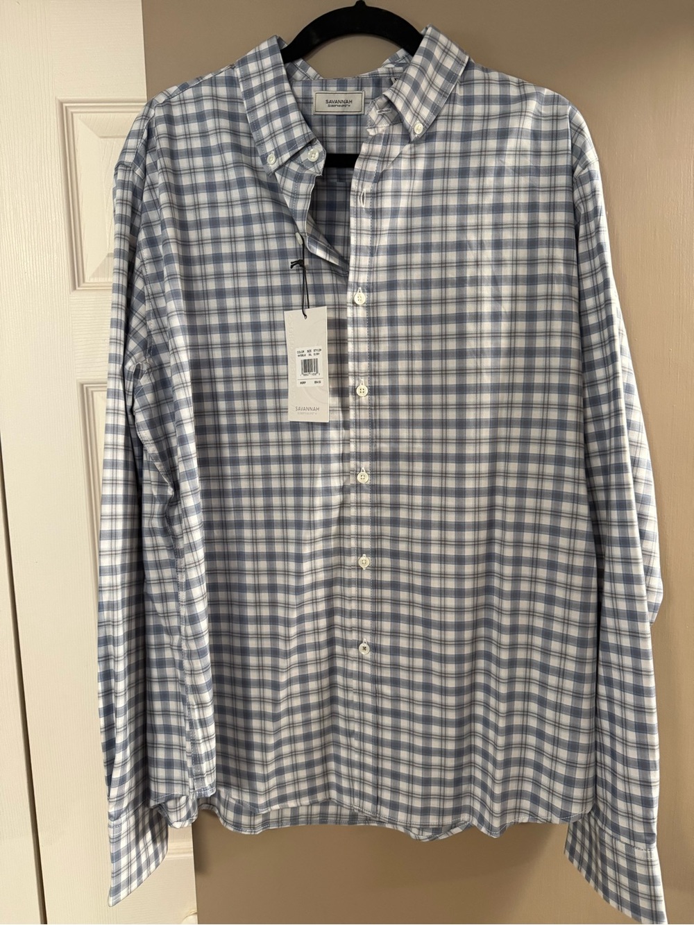 Savannah Blue and White Plaid Button-Down Dress Shirt
